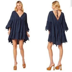 NWT Misa | Mahtab Crinkled Bell-Sleeved Blue Mini Dress